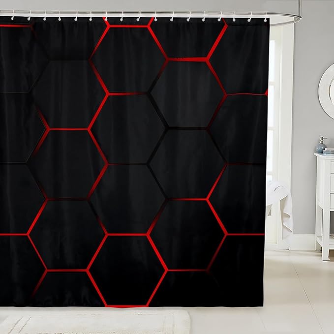 Feelyou Honeycomb Bath Curtain Honeycomb Modern Hexagon Theme Shower Curtain for Kids Geometrical Bathroom Shower Curtain Set Waterproof Beehive Black Red Decor Kids Bathroom Accessories 72"x78"