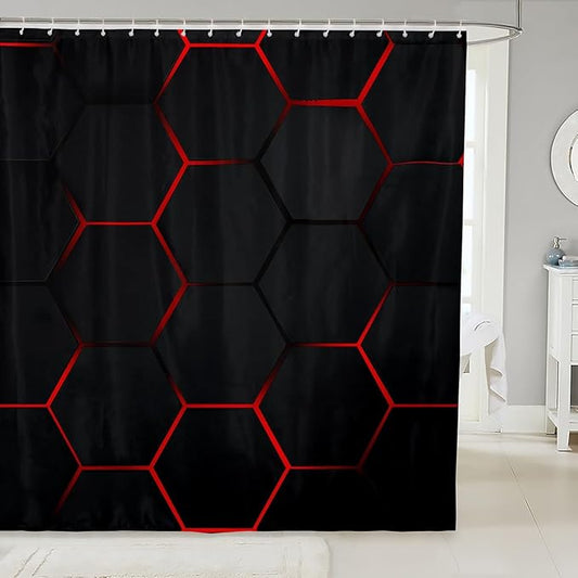 Feelyou Honeycomb Bath Curtain Honeycomb Modern Hexagon Theme Shower Curtain for Kids Geometrical Bathroom Shower Curtain Set Waterproof Beehive Black Red Decor Kids Bathroom Accessories 72"x78"