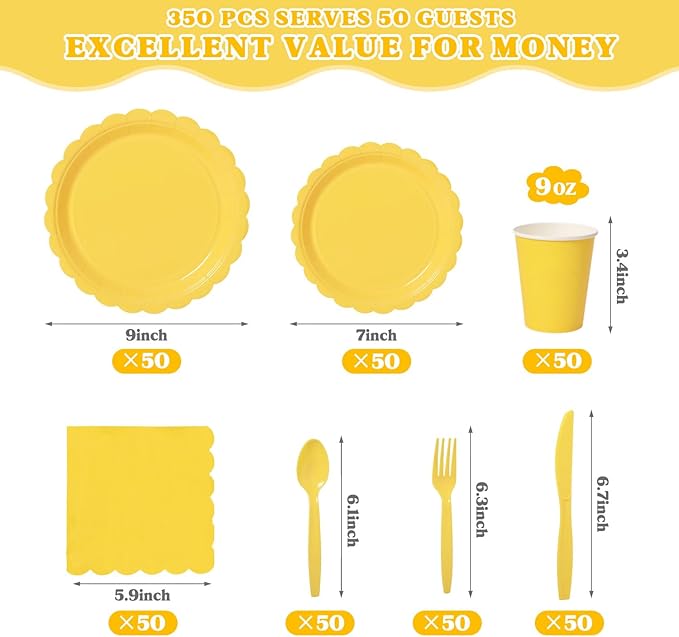Vyntra 350 Pcs Yellow Disposable Paper Plates and Napkins Set for 50, 9" Dinner Plates & 7" Dessert Plates, Tableware for Birthday, Baby Shower, Picnic, Party