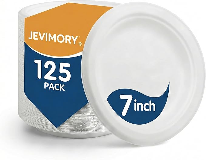 125 Pack 7 inch Paper Plates, Heavy-Duty Disposable Paper Plates 100% Compostable - Biodegradable Bagasse Dessert Plates Bulk for Party, Wedding, Snacks, Natural (7 Inch 125 Pack White)