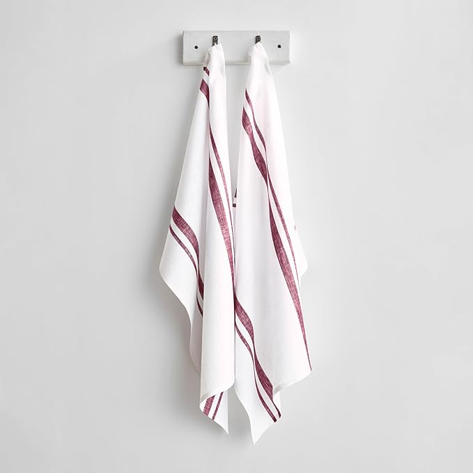 Solino Home Burgundy and White Linen Kitchen Towels Set of 2-100% Pure Linen 17 x 26 Inch French Stripe Tea Towels with Hanging Loop - European Flax Kitchen Dish Cloth- Quick Dry & Machine Washable