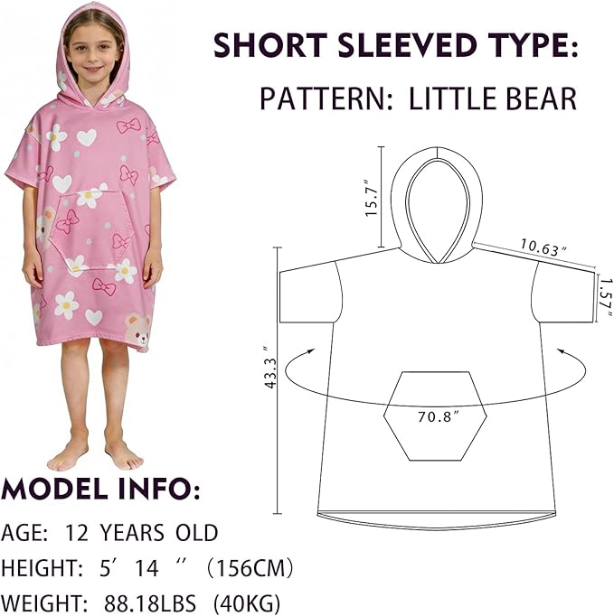 Kids Hooded Poncho Towels, Wearable, Absorbent Hooded Beach Towel for Girls and Boys Girls 7-14 Years Cartoon- Themed Wearable Towel Perfect for Kids At The Bath, Beach