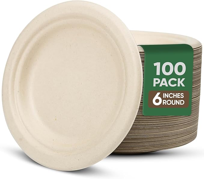 TaidMiao Paper Plates 6 Inches, 100 Pack Disposable Plates – 100% Compostable Plates, Water & Oil Proof Dessert Plates, Microwavable Small Paper Plates, Perfect Paper Plate For Party - Brown