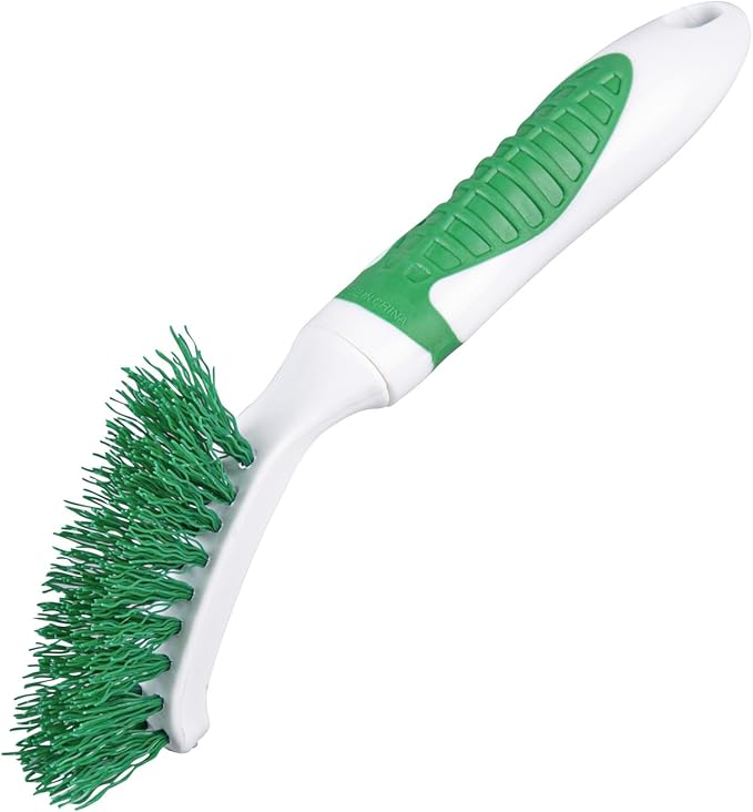Restaurantware Grout Brush 10 Pack of 9 Tile Scrubbing Brush Stiff Bristle Ergonomic Handle Angled Head Narrow Design Green and White Plastic Cleaning Tool