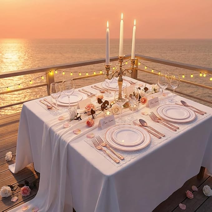 GATHER 350PCS Rose Gold Plastic Plates - Disposable Rose Gold Dinnerware Sets Includes 100 Gold Rimmed Plastic Plates, 150 Silverware, 50 Napkins, 50 Cups for Party, Wedding