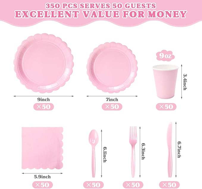 Vyntra 350 Pcs Pink Paper Plates and Napkins Set for 50, 9" Dinner Plates & 7" Dessert Plates, Tableware for Birthday Party, Mother's Day