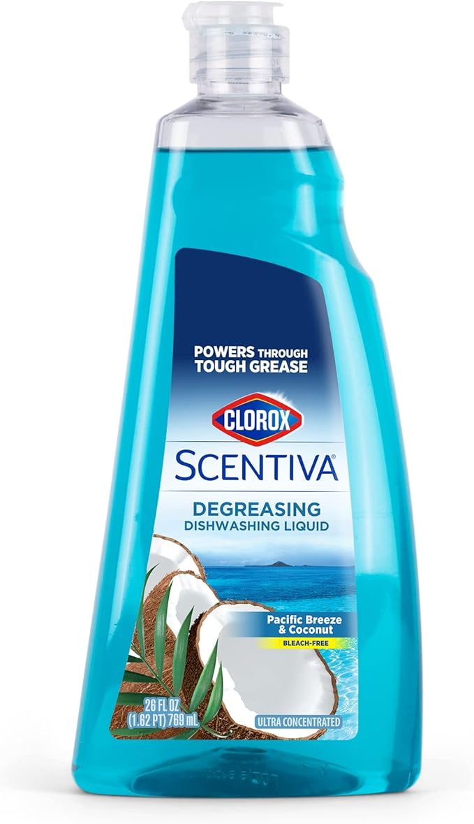 Clorox Scentiva Liquid Dish Soap, Pacific Breeze and Coconut Scent - Ultra-Concentrated Dishwashing Liquid That Cuts Through Grease and Food Residue, Bleach-Free, 26 Fl Oz