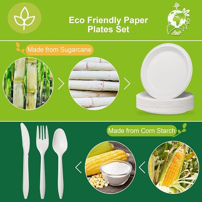 250 PCS Compostable Paper Plates and Utensils Set (EXTRA LONG), White Microwaveable Compostable Dinnerware Set, Disposable Plates, Bowls & Cutlery Includes Forks, Knives & Spoons, 50 Sets Each