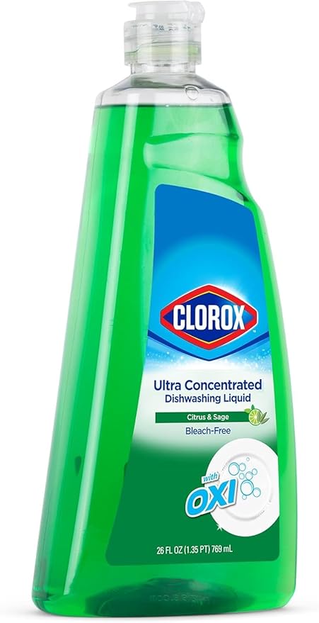 Clorox Ultra Concentrated Liquid Dish Soap with OXI, Citrus and Sage Scent - Bleach-Free Dermatologist Tested Dishwashing Detergent That Powers Through Grease, 26 Fl Oz - 2 Pack