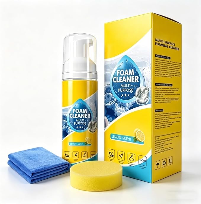 4-in-1 Foam Cleaner Multi Purpose, Rinse-Free Foaming Spray for Car Interior, Kitchen, Bathroom & Upholstery, Portable 5oz Multi-Enzyme Cleaning Kit with Sponge & Towel, 150ml (1 PCS)
