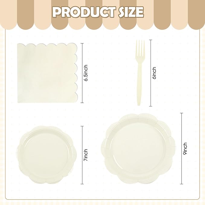 96 Pcs Ivory Paper Plates and Napkins Set Party Supplies, Tableware set for 24 Guest include Disposable Ivory Scalloped Plates, Napkins and Forks for Baby Shower Bridal Shower Wedding