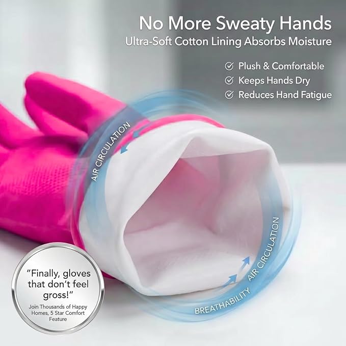 ForPro Natural Rubber Gloves, 6 Pairs Reusable Multi-Purpose Household Cleaning Gloves with Soft Inner Lining, Waterproof & Chemical-Resistant, Cotton Candy, Small