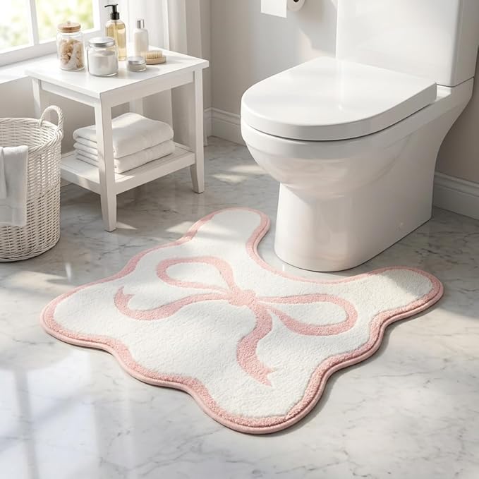 Pink Scalloped U-Shaped Toilet Mat 20x24, Cute Luxury Plush Bath Rug, Soft Absorbent Non-Slip Microfiber Floor Mat for Bathroom Decor and Toilet Base, Machine Washable