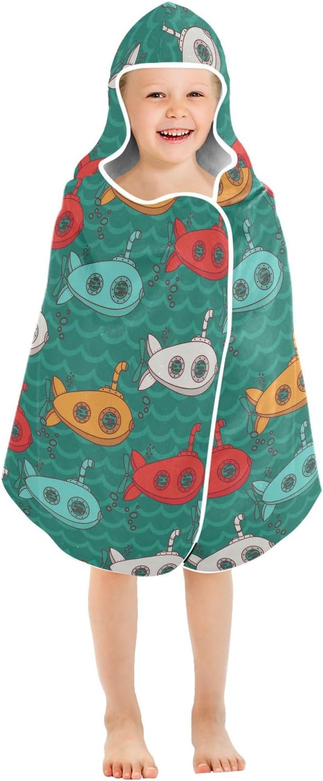 susiyo Kids Hooded Bath Towel Vintage Submarines Beach Towel for Kids 23.5 x 50 Inch Microfiber Soft Absorbent Quick Dry Bath Swim Pool Towel Wrap Poncho Bathrobe with Hood for Kids Toddler