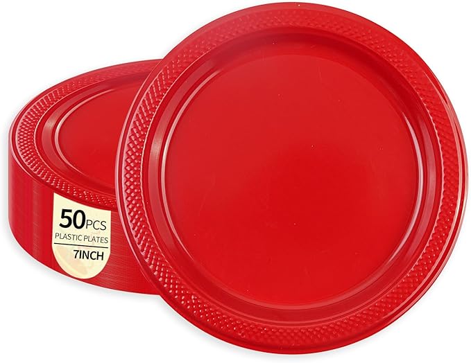 50 PCS Red Plastic Plates, 7 Inch Disposable Dessert Plates Cake Plates for Wedding Birthday Christmas Party Supplies (Red, 7 Inch)