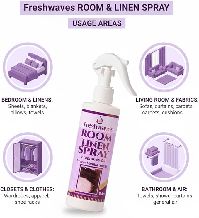 Freshwaves Room & Linen Spray | Warm Vanilla Sugar Fragrance Oil | 8.8oz Air Freshener | Odor Eliminator for Living Room, Bedroom, Bathroom & Office | Trigger Spray Bottle