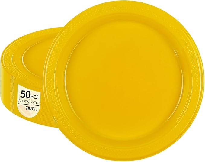 50Pcs Yellow Plastic Plates - 7 Inch Disposable Party Plates Cake Plates, Plastic Dessert Plates for Picnic Birthday Wedding Party Supplies (Yellow, 7 Inch)