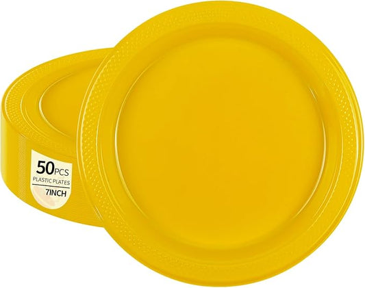 50Pcs Yellow Plastic Plates - 7 Inch Disposable Party Plates Cake Plates, Plastic Dessert Plates for Picnic Birthday Wedding Party Supplies (Yellow, 7 Inch)