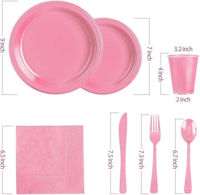 Pink Plastic Plates, 25 Guest Pink Party Supplies Set, Pink Disposable Dinnerware Set, Including Plastic Plates, 12 oz Cups, plastic Cutlery and Paper Napkins for Mothers Day Party Wedding Birthday