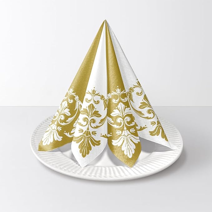 PAW - 50 Pieces Linen-Feel Paper Paper Napkins 16" x 16", Disposable Cloth-Like Napkins with Reverse Gold Design, Dinner Napkins for Party, Wedding, Christmas