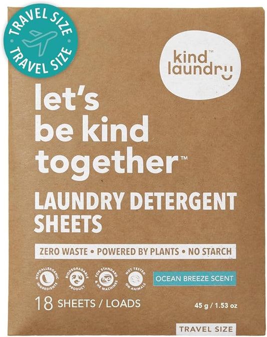 Kind Laundry Detergent Sheets – 18 Loads Ocean Breeze, EWG Verified, No Residue After Wash, Eco Plastic-Free Liquidless Laundry Soap, Non-Toxic Formula, for Sensitive Skin, Travel & Dorm Friendly