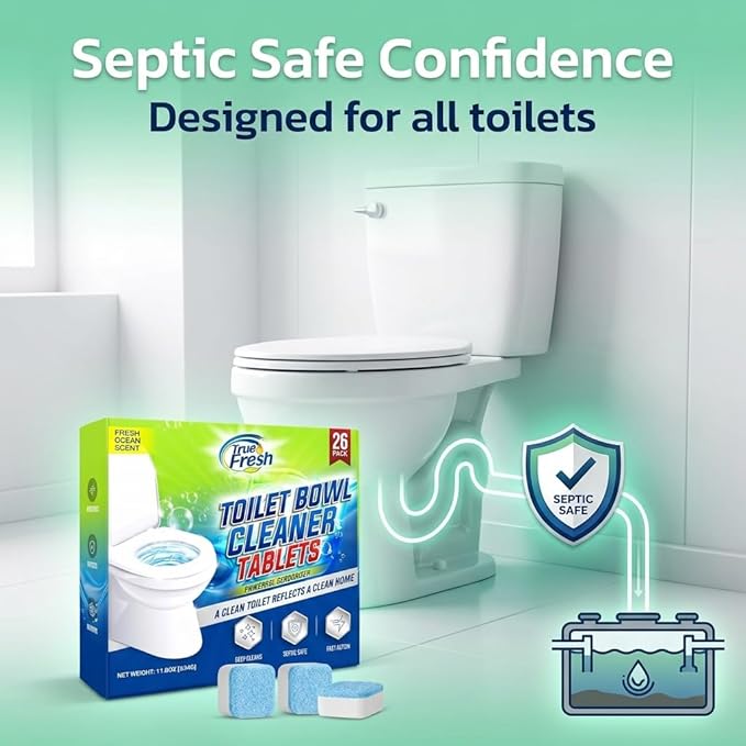 True Fresh Toilet Bowl Cleaner Tablets 26 Pack Deodorizer & Septic Safe Deep Cleaning, Odor Eliminator, Stain Remover for Long-Lasting Freshness Fresh Ocean Scent