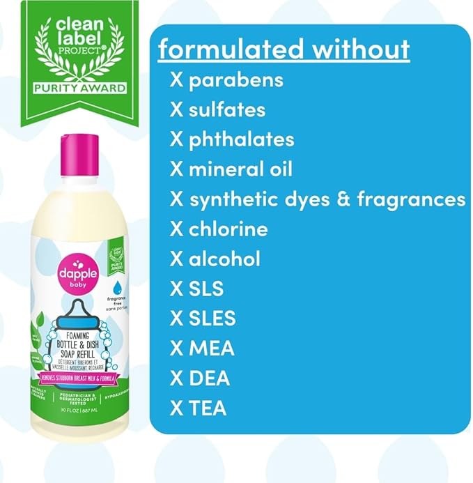 Dapple Baby Fragrance-Free Foaming Bottle & Dish Soap Refill - (2 Pack) 30 fl oz - Plant-Powered Cleaner for Baby Bottles, Pump Parts, and Sippy Cups