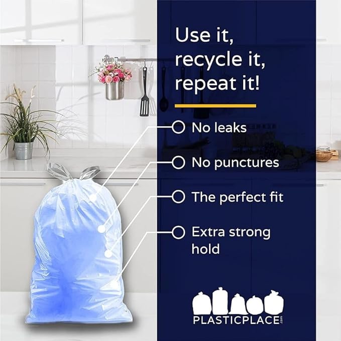 Plasticplace Custom Fit Trash Bags, Compatible with simplehuman Code H (200 Count) Tinted Blue Drawstring Garbage Liners 8-9 Gallon / 30-35 Liters, 18.5" x 28"