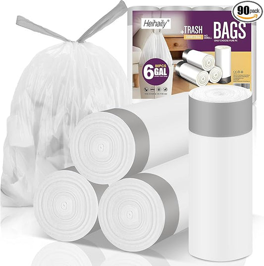 6-Gallon Trash Bags Drawstring Kitchen-Garbage-Bag - Heihaily 4 Rolls 80 Counts Recycled Unscented Office Plastic Can Liner Bathroom Transparent White For Outdoor Yard Waste Basket