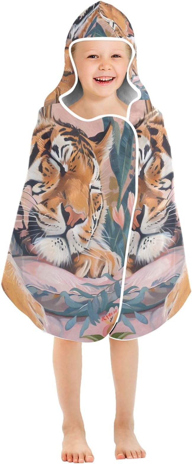 Hooded Towel for Kids Tiger Sleeping Soundly Beach Wrap Bath Towels 50x23.5in