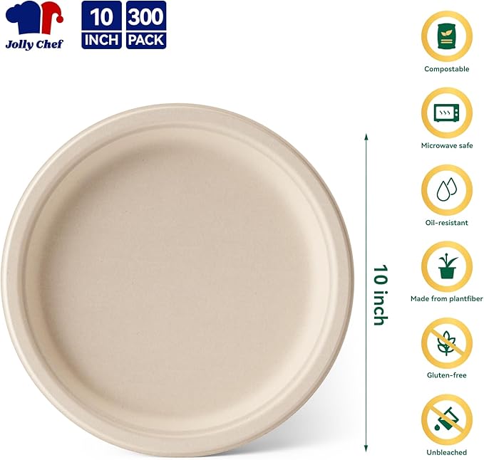 JOLLY CHEF Compostable Heavy Duty Plates 𝟭𝟬 𝗜𝗻𝗰𝗵 [𝟯𝟬𝟬 𝗣𝗮𝗰𝗸] Eco-Friendly Disposable Paper Plates Made of Bagasse Biodegradable Bulk for Party Dinner Sugarcane Thanksgiving Day (Natural)