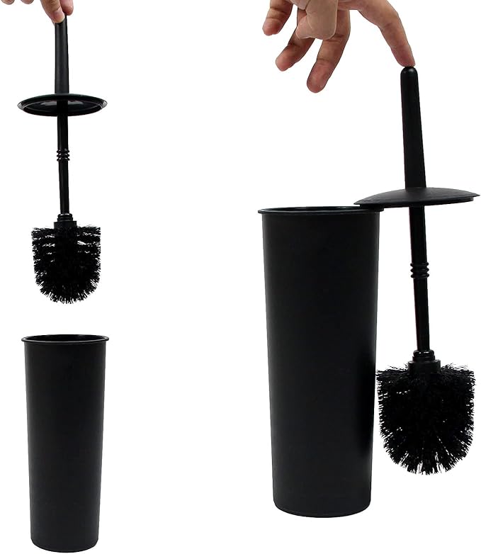 Casaphoria Compact Freestanding Plastic Toilet Bowl Brush and Holder for Bathroom Storage and Organization - Space Saving, Sturdy, Deep Cleaning, Covered Brush - Black