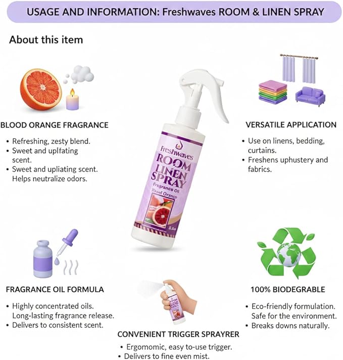 Freshwaves Room & Linen Spray | Blood Orange Fragrance Oil | 8.8oz Air Freshener | Odor Eliminator for Living Room, Bedroom, Bathroom & Office | White Bottle