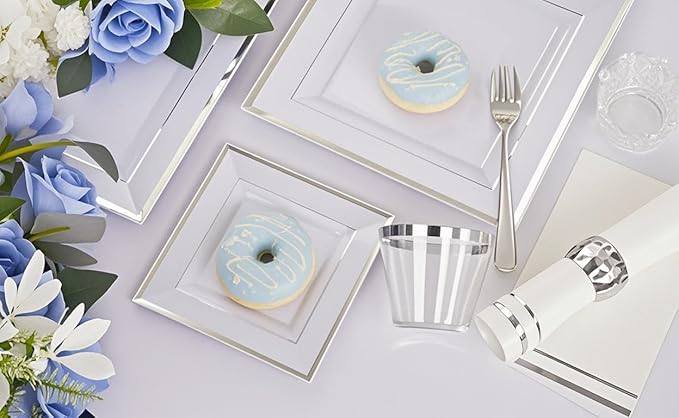 Festiva 350Pcs Silver Plates - Silver Square Plastic Plates 9 .5" and 6" - serve for 50 guests include 50 Cups 50Plastic Cutlery 50Hand Napkins Perfect for Party&Wedding&Birthday