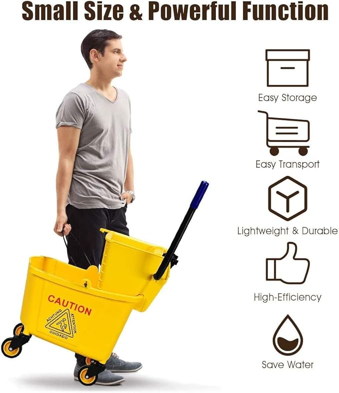 Nightcore Commercial Mop Bucket, All-in-one Tandem Floor Cleaning Wavebrake, Detachable Handle, Side Press Cleaning Wringer Portable Trolley On Wheels for Household, Commercial, 26 Quart Capacity