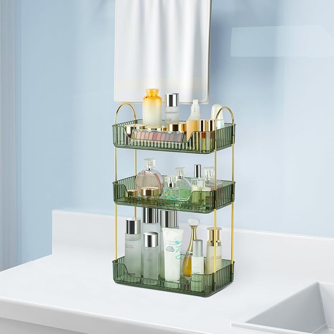 Bathroom Counter Organizer Skincare Organizer Perfume Holder for Dresser Countertop Shelf Bathroom Countertop Tray for Cosmetic Skin Care Lipstick (Green 2-Storey)