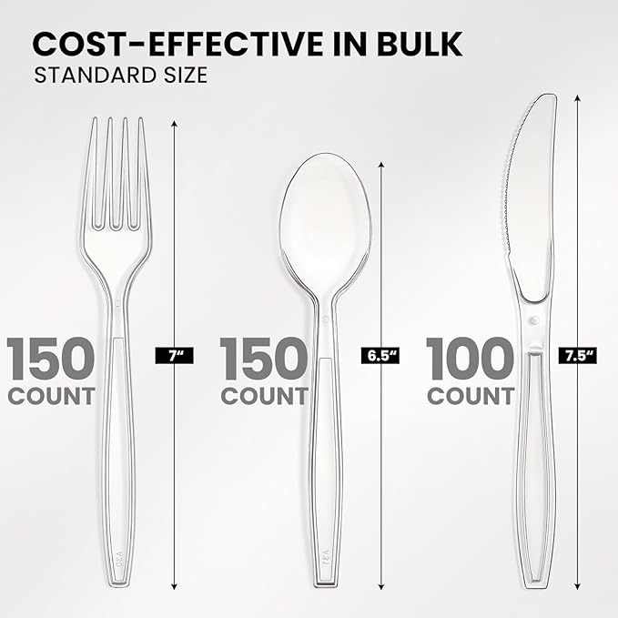 400 Count Heavy Duty Plastic Silverware, BPA-Free, Clear Plastic Cutlery Set, Premium Disposable Utensils for Party Everyday Use, 150 Forks, 150 Spoons and 100 Knives