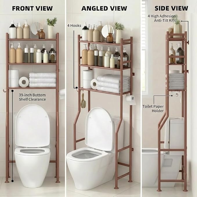 GloTika 3-Tier Over Toilet Storage with Anti-Tilt Safety System - 150lb Total Capacity Metal Bathroom Shelves Including Paper Holder & 4 Hooks, Space Saving Above Commode Organizer (64" H, Bronze)
