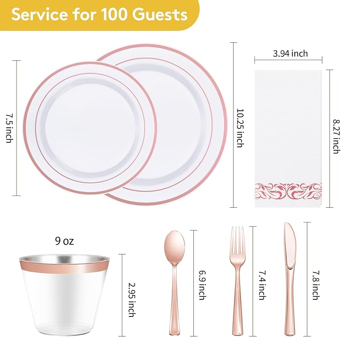 Goodluck 700 Pieces Rose Gold Dinnerware Set for 100 Guests, Plastic Plates Disposable for Party, Include: 100 Dinner Plates, 100 Dessert Plates, 100 Paper Napkins, 100 Cups, 100 Silverware Set
