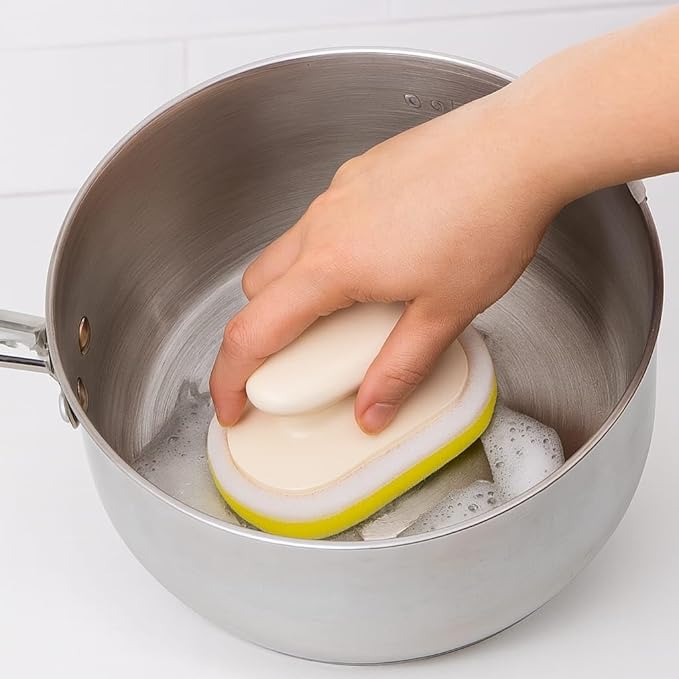 Sponge Cleaning Countertop Brush with Handle, Multifunctional Kitchen and Bathroom Cleaning Brush, Scouring Pad,Non-Scratch Scrubbing Pad, Dishwashing (Light Green)