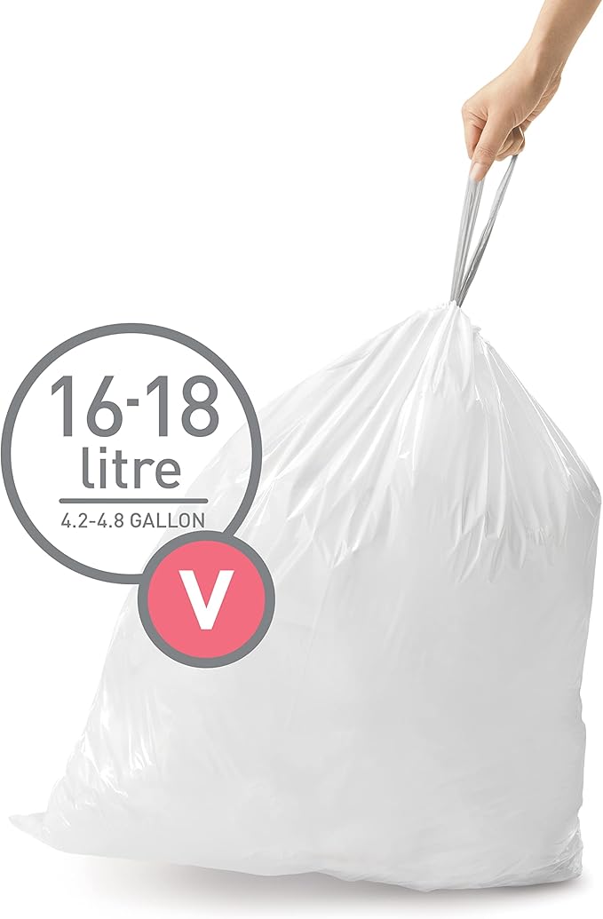 simplehuman Code V 60 Count, Dispenser Pack Custom Fit Liners, Drawstring Trash Bags, 16-18 Liter / 4.2-4.8 Gallon, White