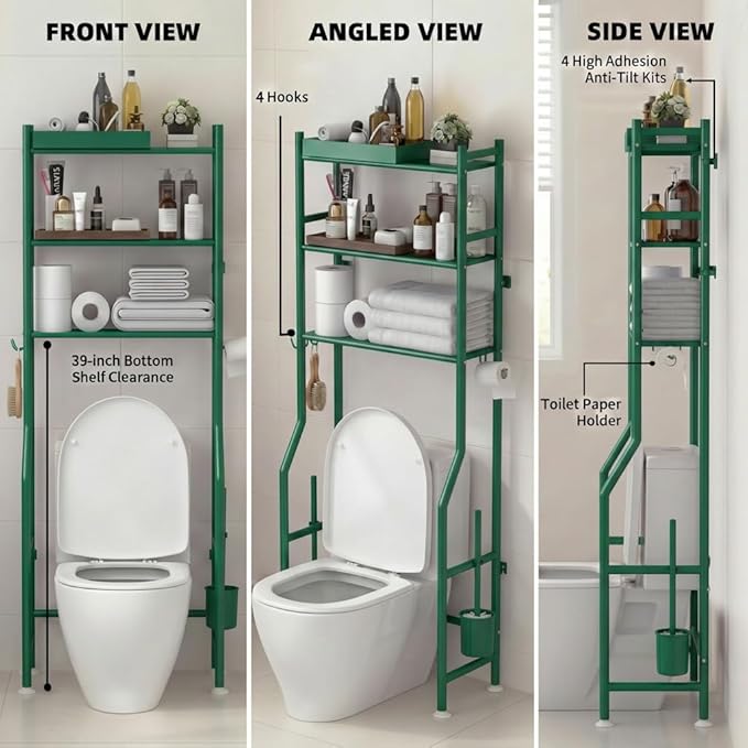 GloTika 3-Tier Over Toilet Storage with Anti-Tilt Safety System - 150lb Total Capacity Metal Bathroom Shelves Including Paper Holder & 4 Hooks, Space Saving Above Commode Organizer (64" H, Green)