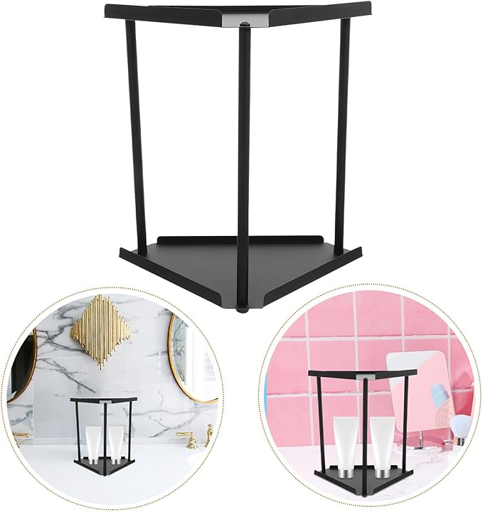 Happyyami Bathroom Counter Shelf and Sink Organizer 2-Tier Black Metal Corner Vanity Rack for Makeup and Skincare Storage Bathroom Countertop Organizer for Home Use
