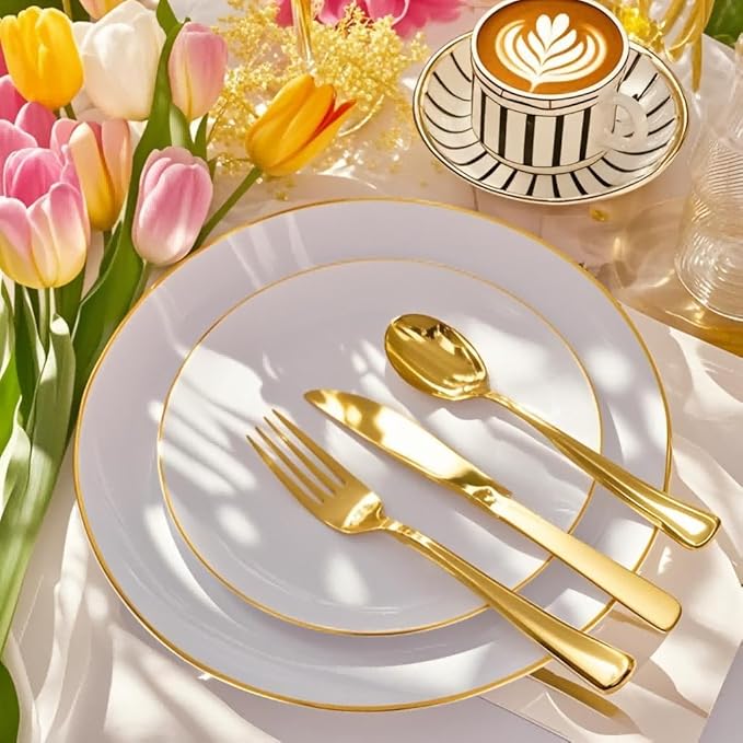 Festiva 350Pcs Gold Plastic Plates - White and Gold Dinnerware Set Disposable include 10" & 7" Plates,Cups,Silverware,Napkins -serve 50 Guests Perfect for Wedding& Easter&Birthday Party
