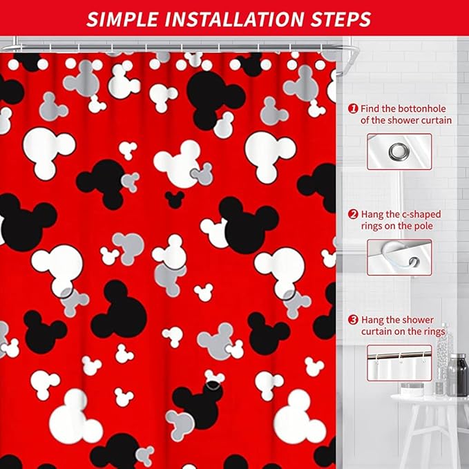 Cartoon Mouse Head Shower Curtain - Kids Bath Curtain Sets - Red Waterproof Polyester Home Bathtub Decor with 12 Hooks ，72x72 Inch