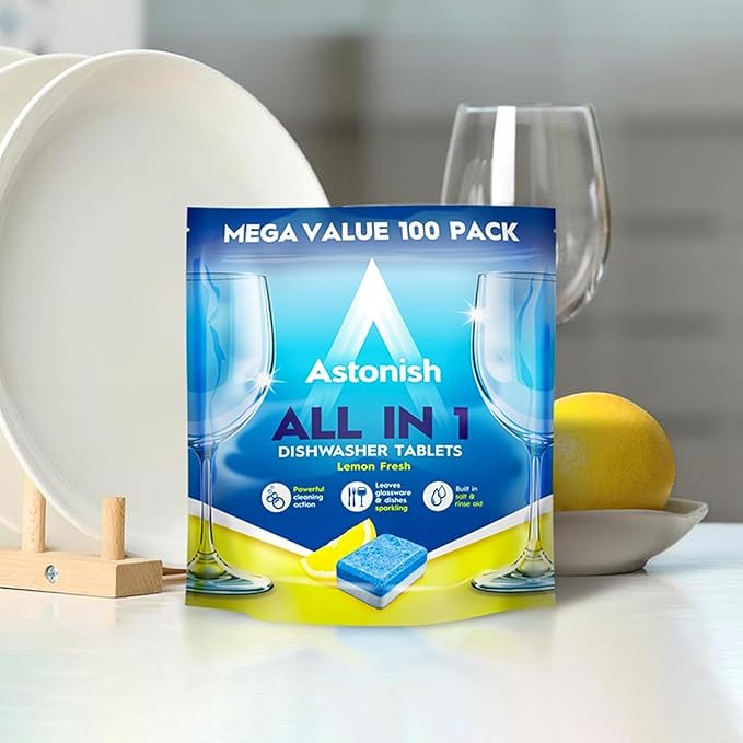 Astonish All In 1 Dishwasher Tablets - Household Cleaner Removes Grease, Grime, & Surface Stains - Dishwasher Soap with Salt & Rinse Aid, Cruelty Free Dishwasher Detergent, Lemon Fresh, 100 Pack