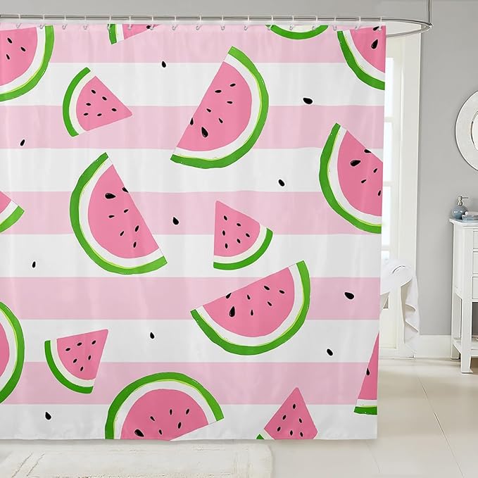 Manfei Kids Watermelon Shower Curtains Kawaii Fruits Print Waterproof Bath Curtains with 12 Hooks Suits for Bathtub, Pink White Stripe Bathroom Curtains for Boys Girls Room Decor, 72" W x 72" L