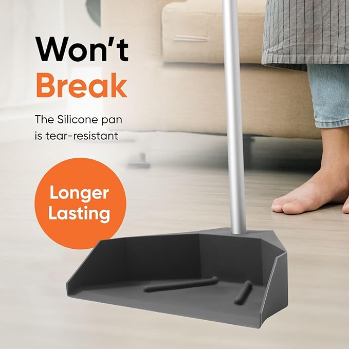 Silicone Dust Pan with Handle Lobby Dustpan with Long Handle Stand Up Dustpan, 35" Aluminum Long Handle, by Superio
