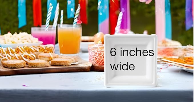 Susty Party 6-Inch Compostable Square Plates (50-Count), Sugarcane Heavy Duty Disposable Biodegradable Plate for Dessert, White
