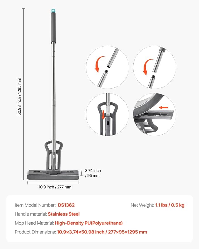 VEVOR Sponge Mop, High-Density PU Sponge Mop with 1 Pcs Sponge Mop Replacement, Easy to Squeeze Sponge Mop with Hook & Loop for Head Change, Fit for Various Floors’ Cleaning